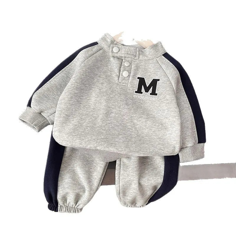 Boys' grey colour matching letters sweater suit set with long sleeve top and trousers on child