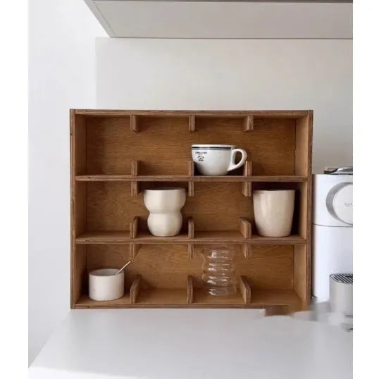 Solid wood cup storage rack with multiple square grids in birch wood meridian colour