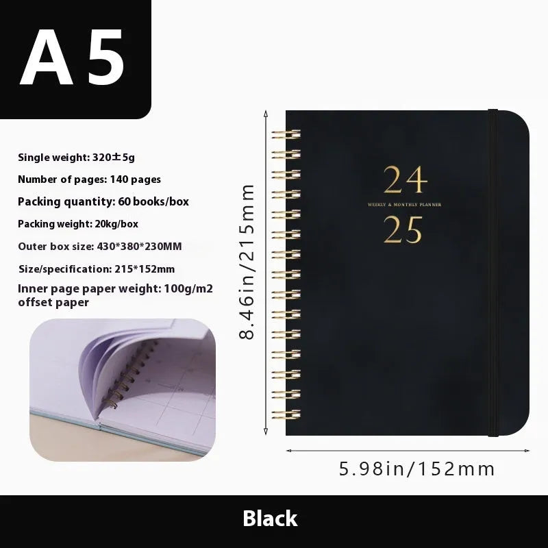 A5 leather notebook with metal coil binding in multiple colour options