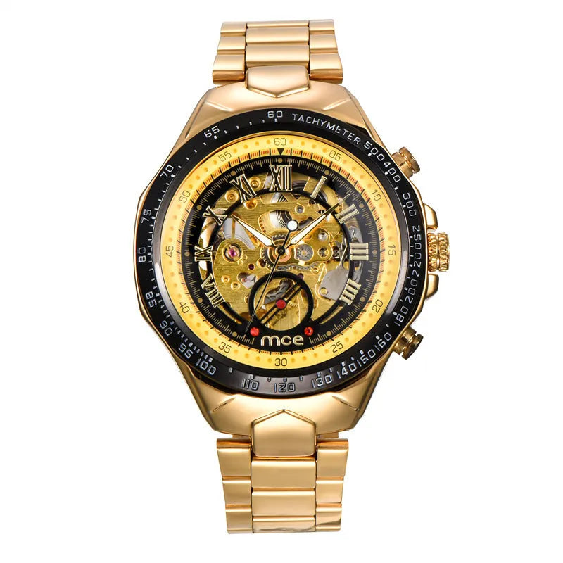 MCE men's mechanical watch with explosion-proof stainless steel case showing automatic movement