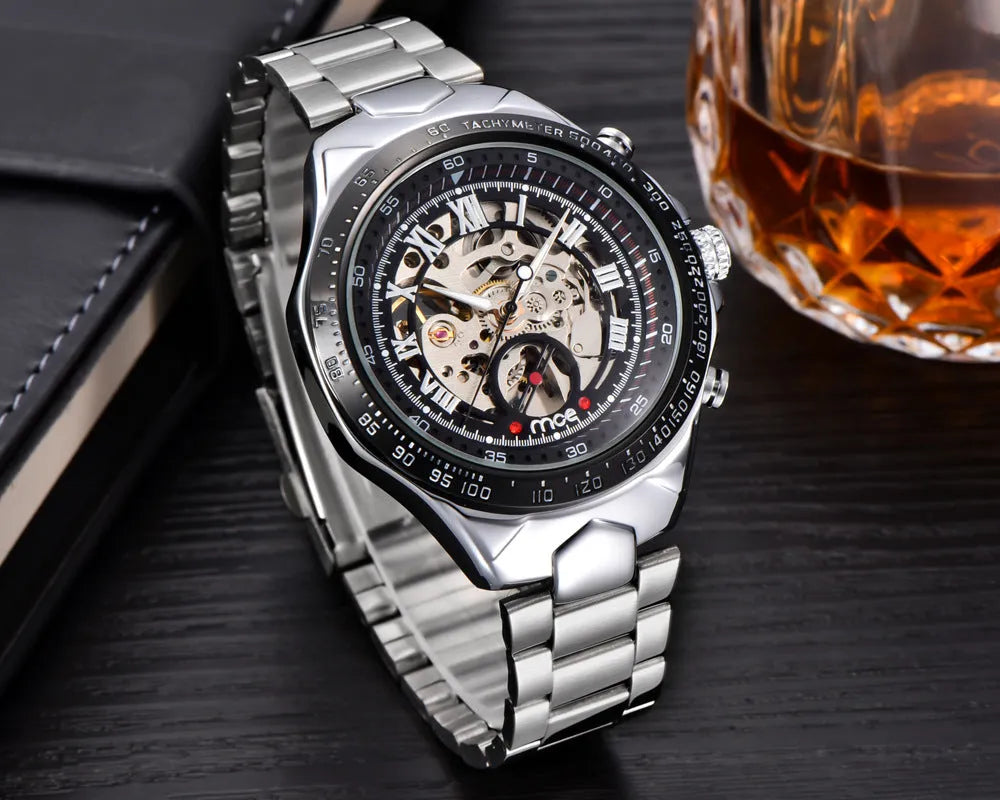 MCE men's mechanical watch with explosion-proof stainless steel case showing automatic movement