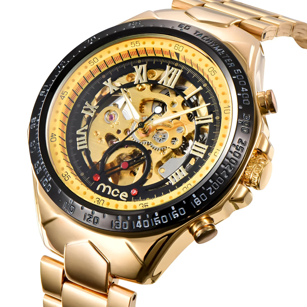MCE men's mechanical watch with explosion-proof stainless steel case showing automatic movement