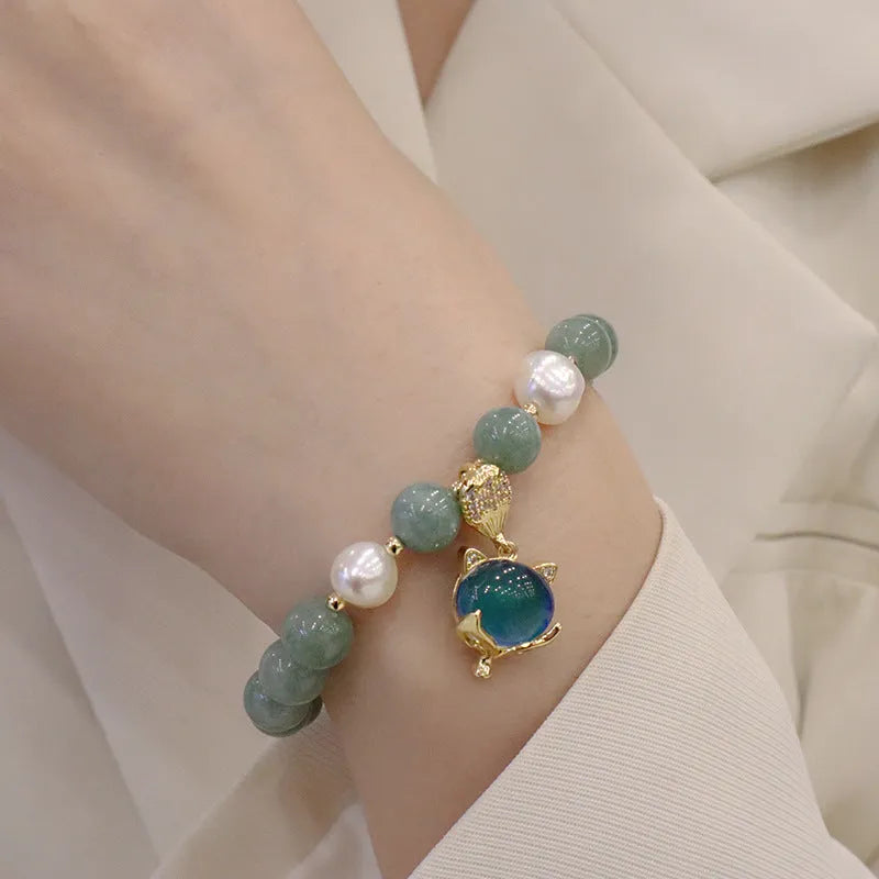 Women's Burma jade warm fox pendant bracelet with freshwater pearl accessories