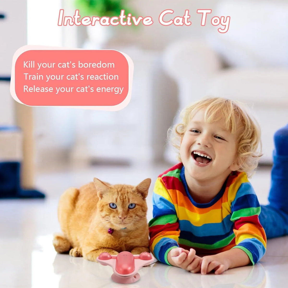 Blue interactive pet puzzle feeder toy with suction cup base, snack cabin, bell, and catnip pouch.