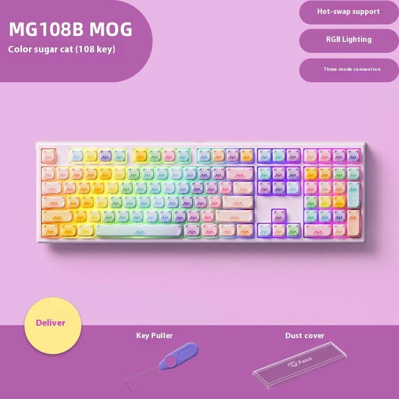 Coloured sugar cat theme Bluetooth mechanical keyboard with piano switches on a desk.