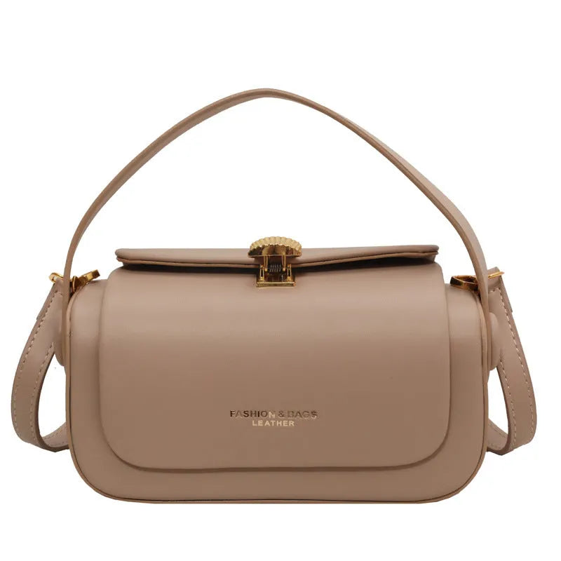 Women's casual shoulder messenger bag in PU leather with letter detailing, shown in beige colour