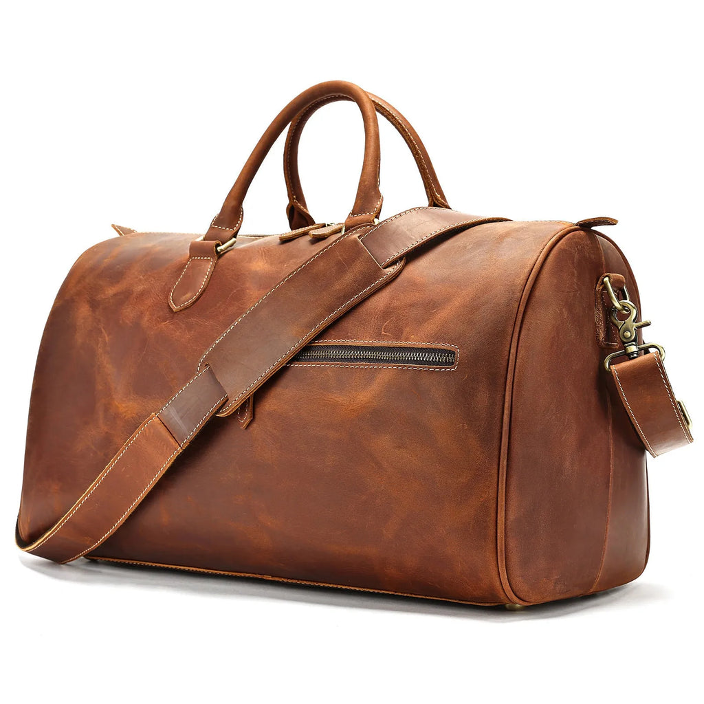 Genuine leather vintage-style crossbody bag for men in brown colour showing large capacity.