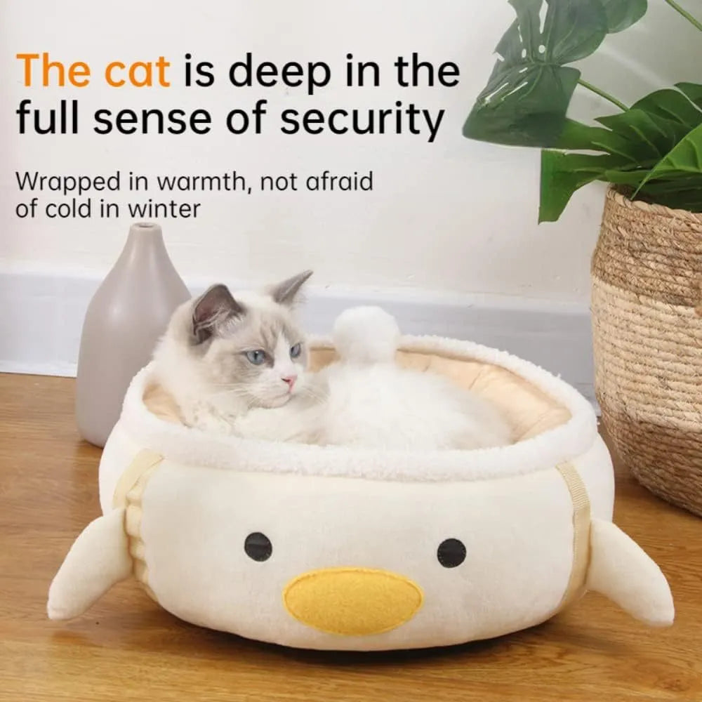 Green chick-shaped cat bed shown both laid flat and hanging as a hammock for small pets.