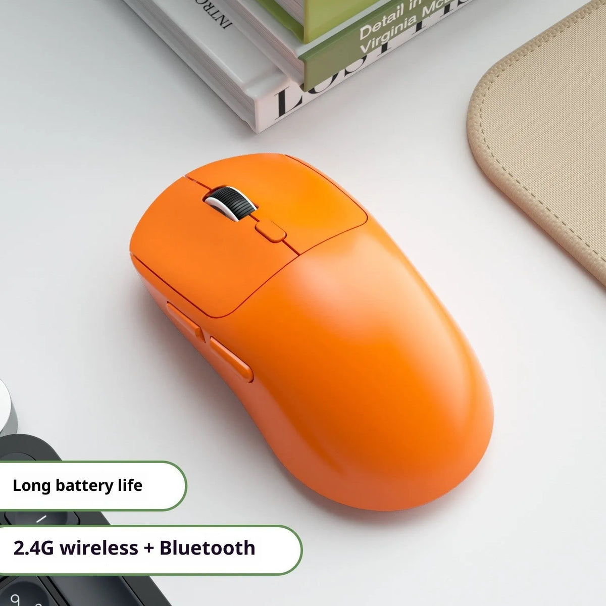 Rechargeable multi-mode mouse in gradient grey white, with wired, Bluetooth and 2.4G connectivity, 11.5cm compact size, USB interface.