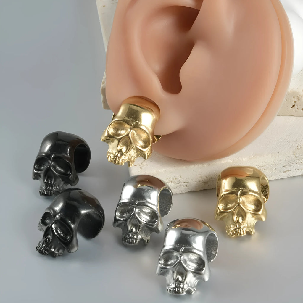 Stainless steel hollow skull Buddha earrings with electroplated finish in gold, black, steel or Buddha head colours