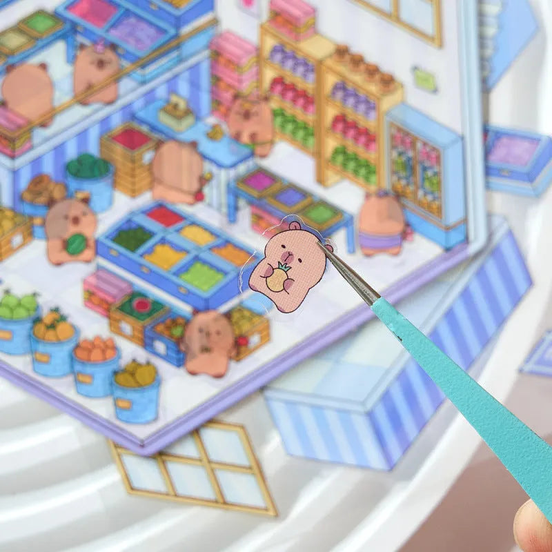 PET cut-free three-dimensional cartoon stickers for journal landscaping in eight shop-themed colours