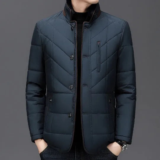 Men's dark blue polyester winter coat with side seam pockets on a hanger