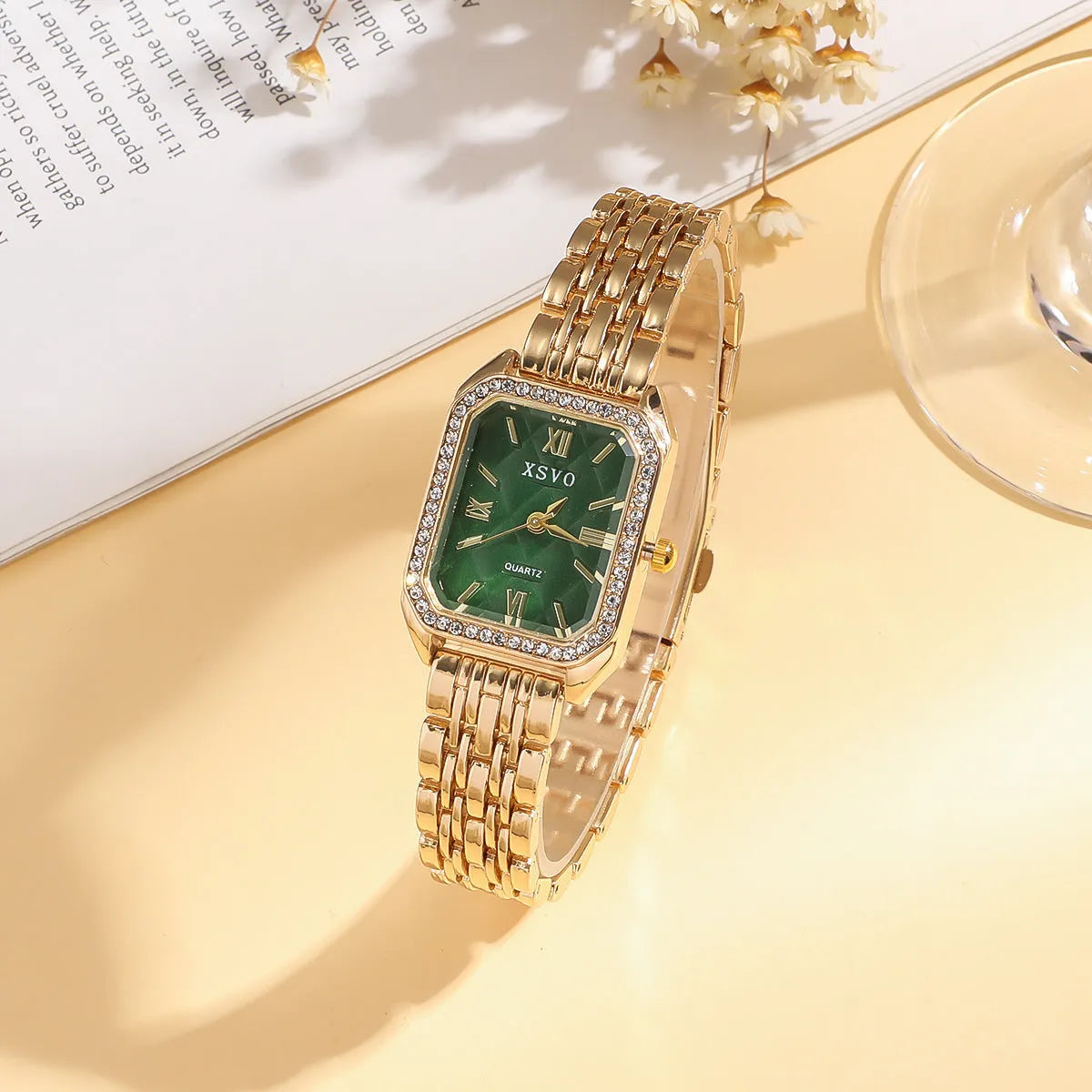Women's green gold square watch with matching bracelets, alloy case, 25mm dial, jewellery buckle