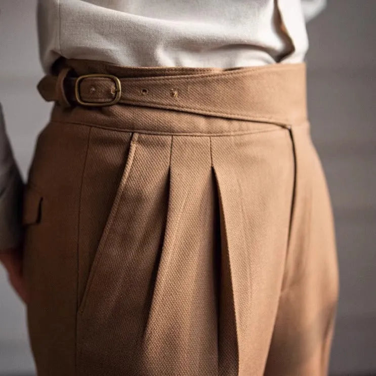 Men's high waist straight leg casual trousers in black, shown on a model.