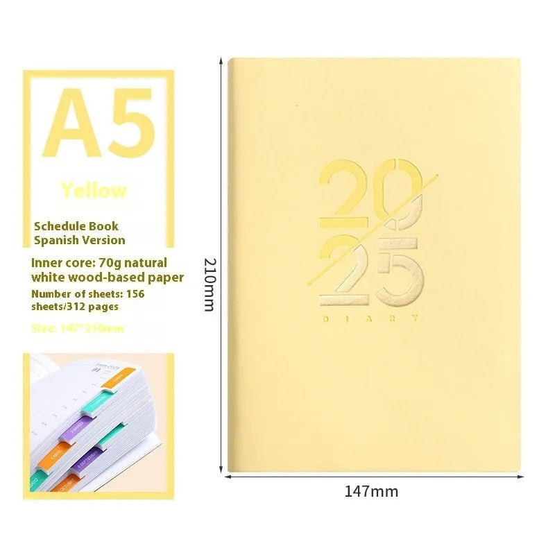 A5 soft faux leather 2025 daily planner book open on a desk, showing weekly schedule pages.
