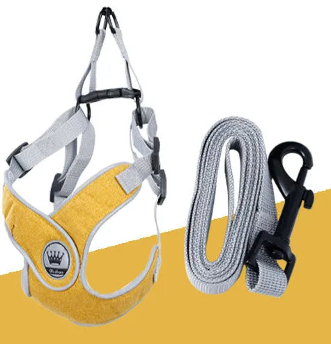 Adjustable breathable mesh dog harness with metal D-ring and attached leash in assorted colours.