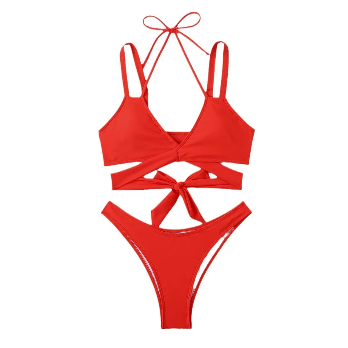 Women's solid colour strap bikini swimsuit showing briefs style in one of five colour options