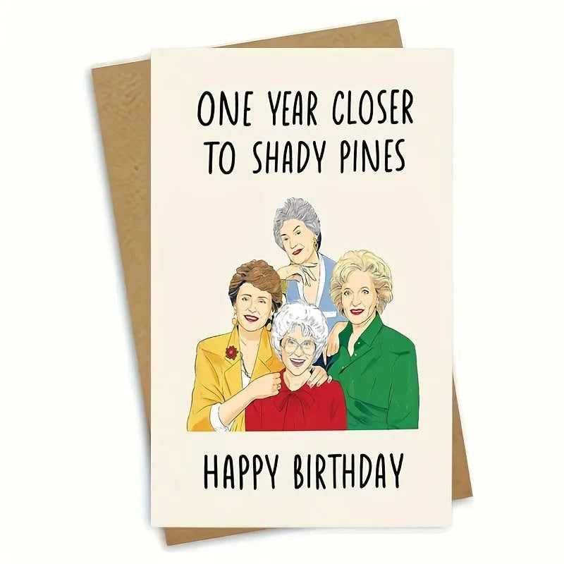 Simple printed birthday greeting card with examples of yellow, purple, pink, red, and kraft paper envelopes.