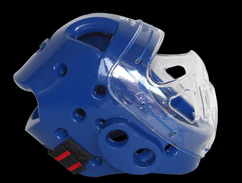 A blue, red, or white karate helmet for boxing head protection, shown in sizes S, M, L, and XL.