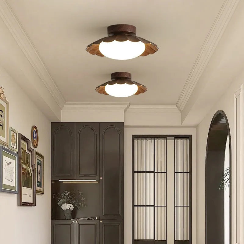 Mid-ancient silent balcony LED ceiling light round 25 beige walnut iron acrylic shade three-colour modes