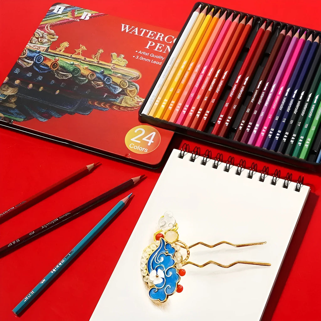 Water-soluble coloured pencil set with 24 colours in iron storage box for drawing and painting