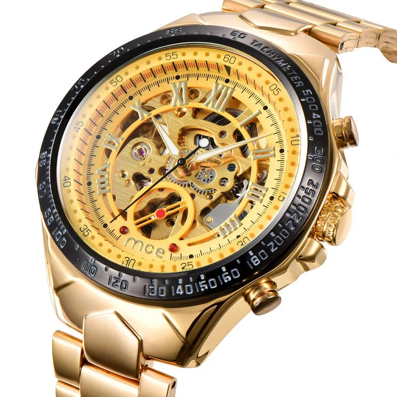 MCE men's mechanical watch with explosion-proof stainless steel case showing automatic movement