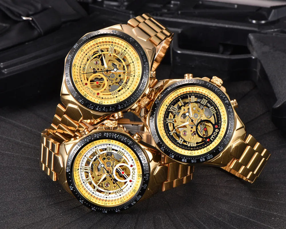 MCE men's mechanical watch with explosion-proof stainless steel case showing automatic movement