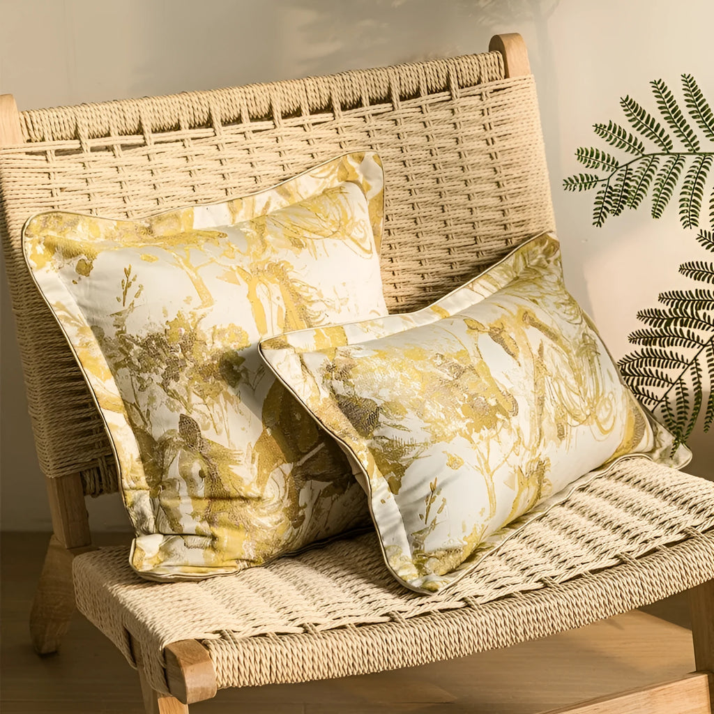 Modern abstract golden horse design on a Jacquard woven square cushion with a feather velvet core.
