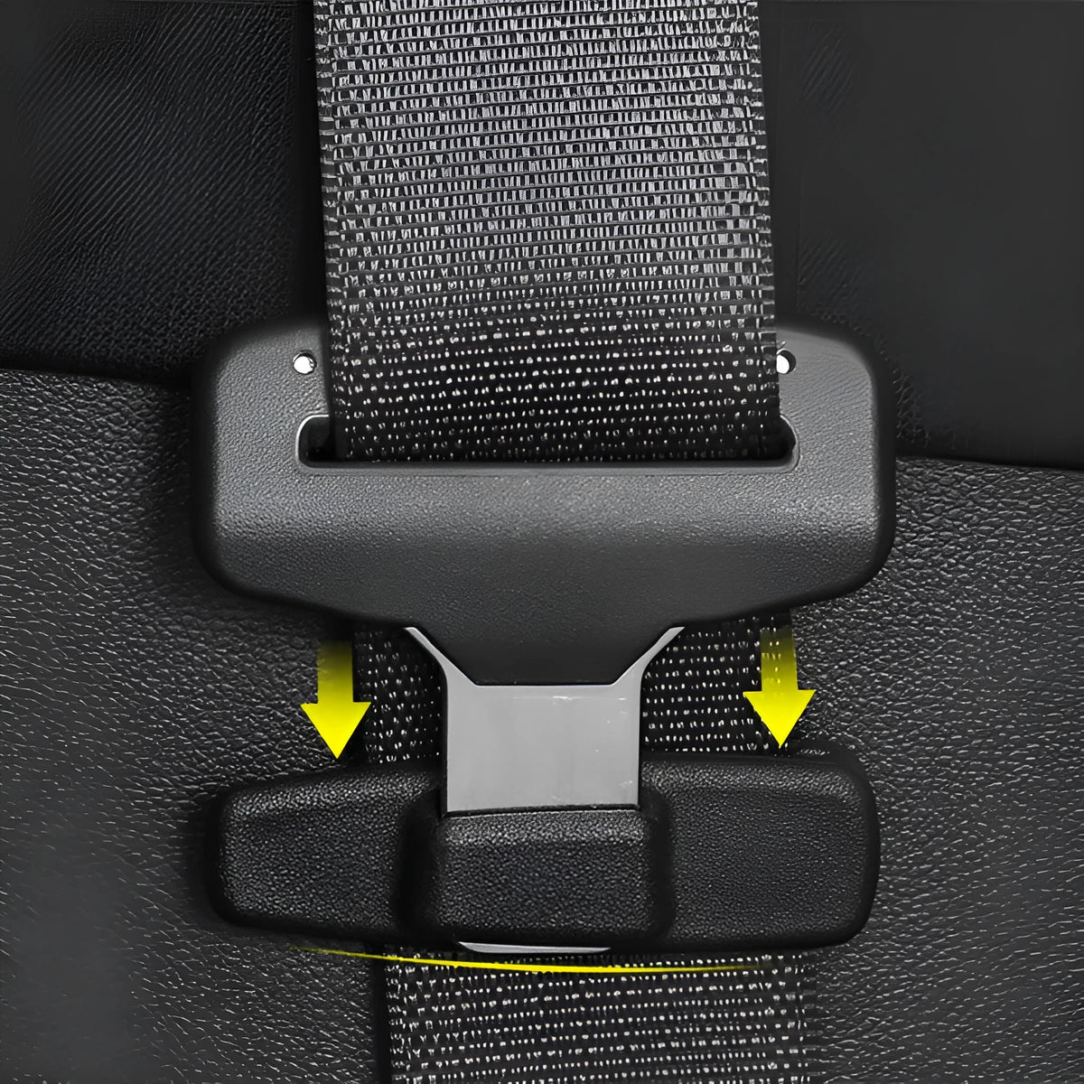 Black ABS plastic car seatbelt stopper clips preventing automatic retraction