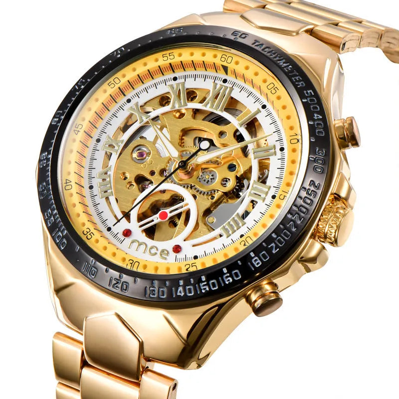 MCE men's mechanical watch with explosion-proof stainless steel case showing automatic movement