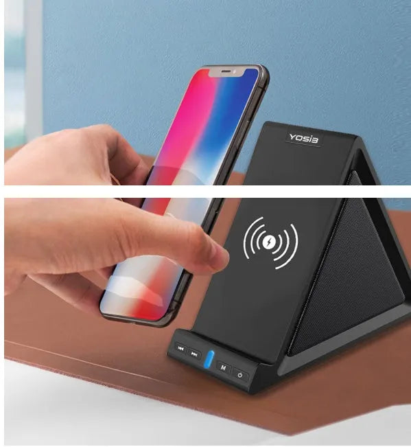 Black multifunctional mobile phone stand with built-in Bluetooth speaker and wireless charging surface