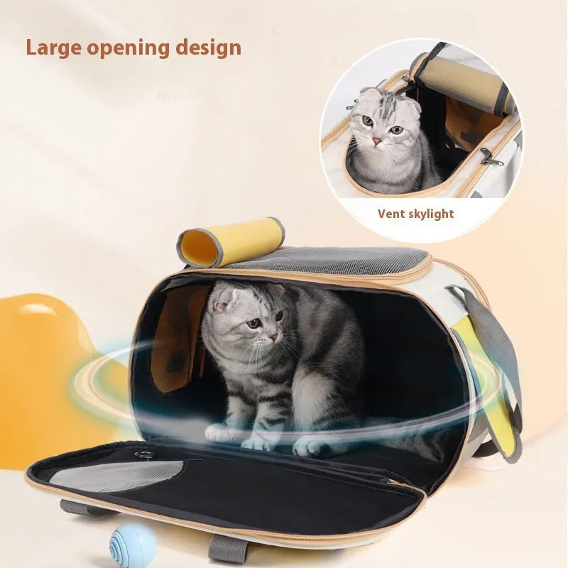 Foldable canvas pet carrier backpack for small dogs and cats in yellow, green, or black
