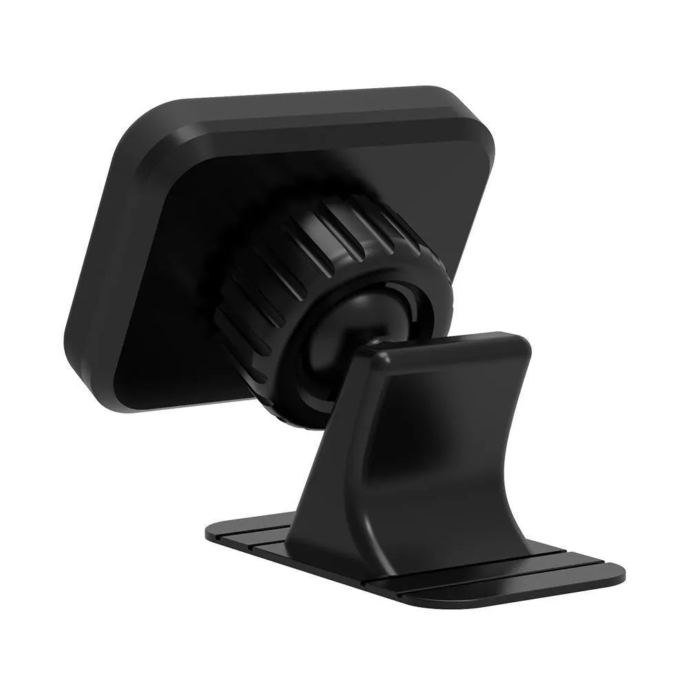 Magnetic car phone holder with nylon base and silicone surface attached to dashboard, available in black