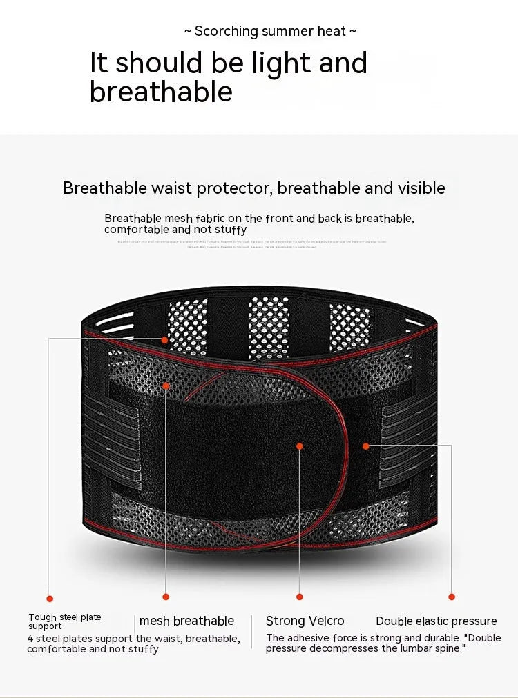 Black breathable sports waist support with steel plate for lumbar decompression, shown with size tags.