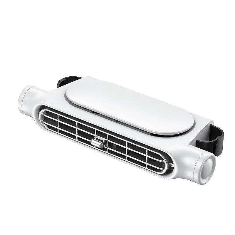 USB plug-in car seat fan with velcro straps, shown in black, white, and beige colour options.