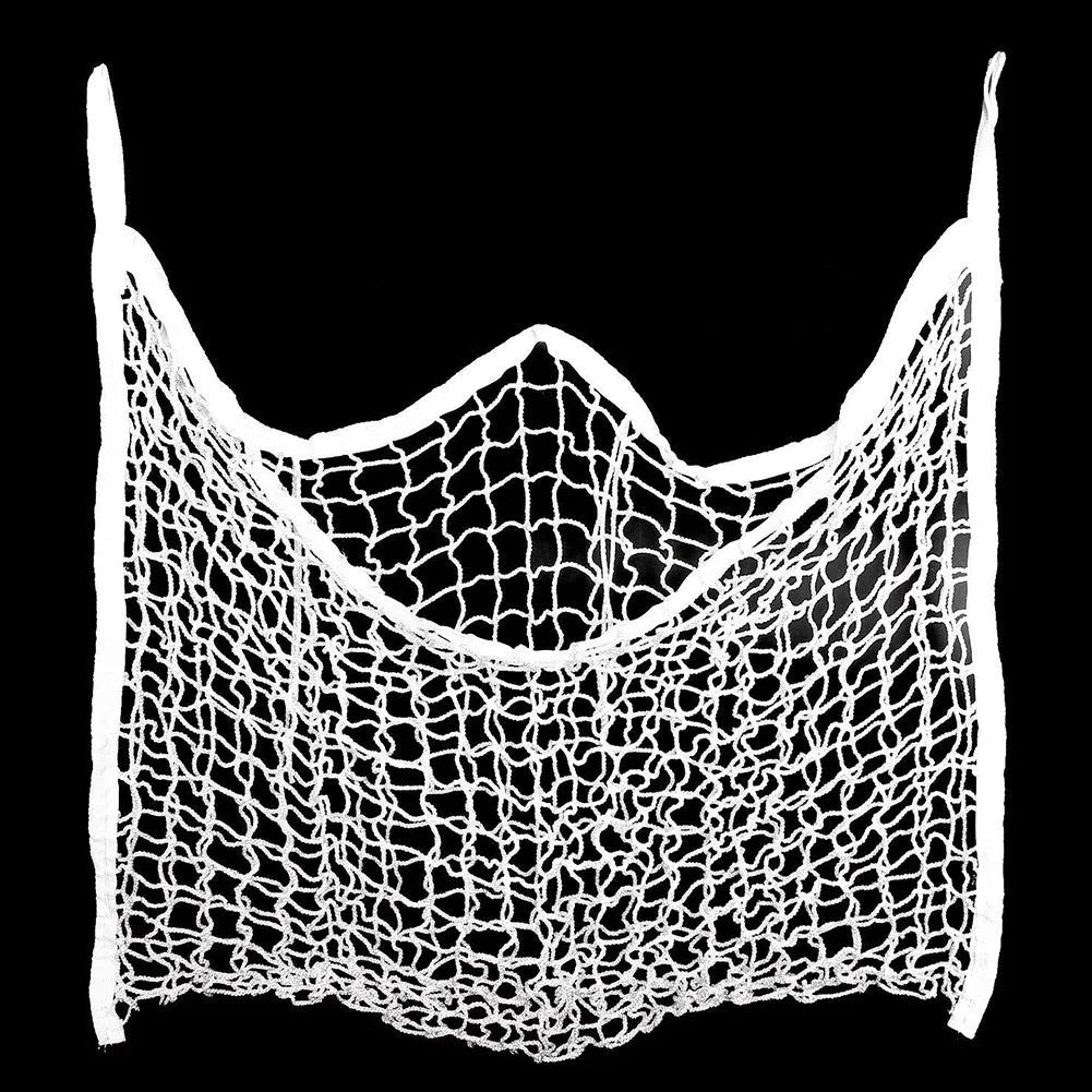 Black woven polyethylene rope hanging hay net for horses, showing the open grid pattern.