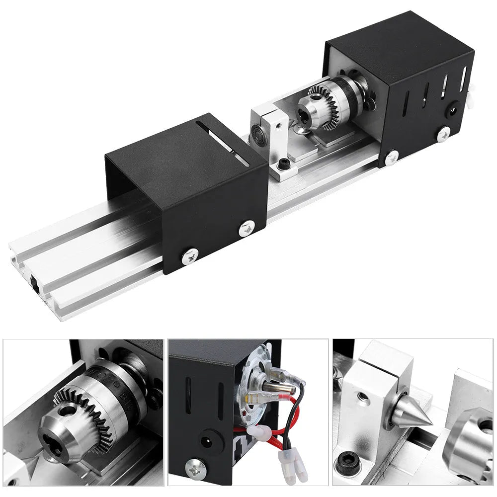 Mini metal manual woodworking lathe with carving knives on a workbench
