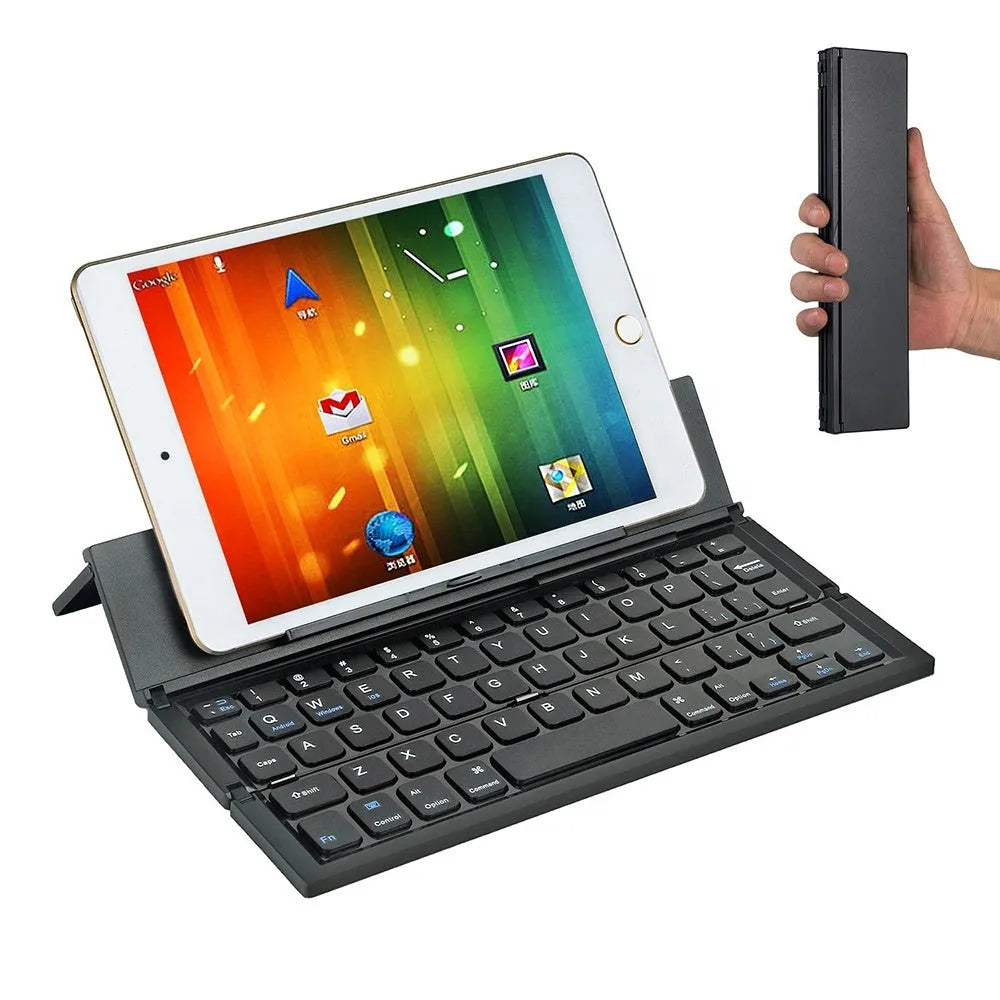 Black foldable Bluetooth keyboard for tablets with aluminium bottom and wrist support