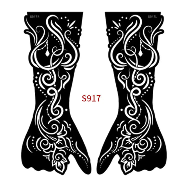 Pack of geometric hollow paper tattoo template stickers showing intricate cut-out patterns.