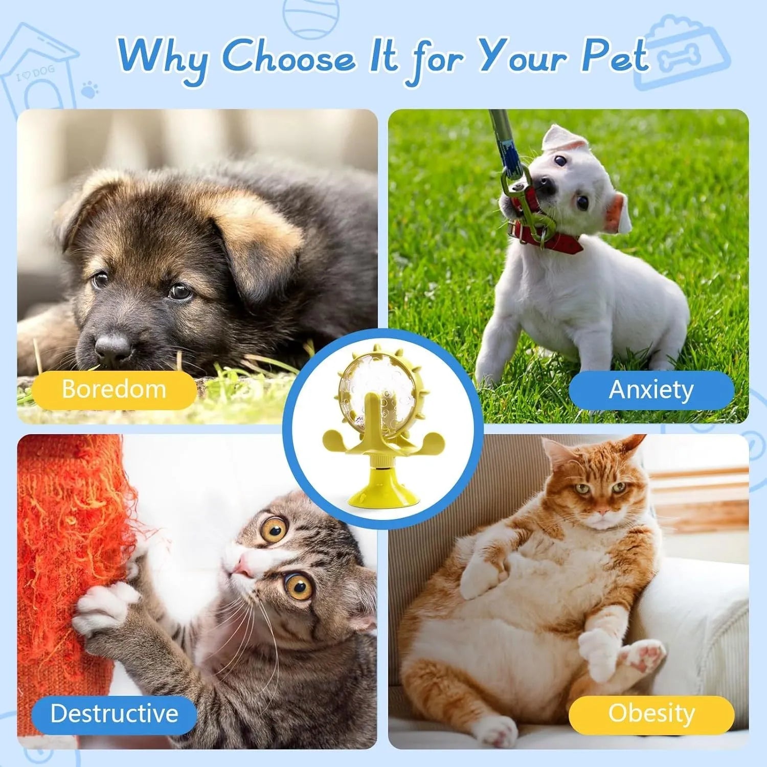 Interactive pet puzzle feeder toy with rotating spinner and sucker base in multiple colours
