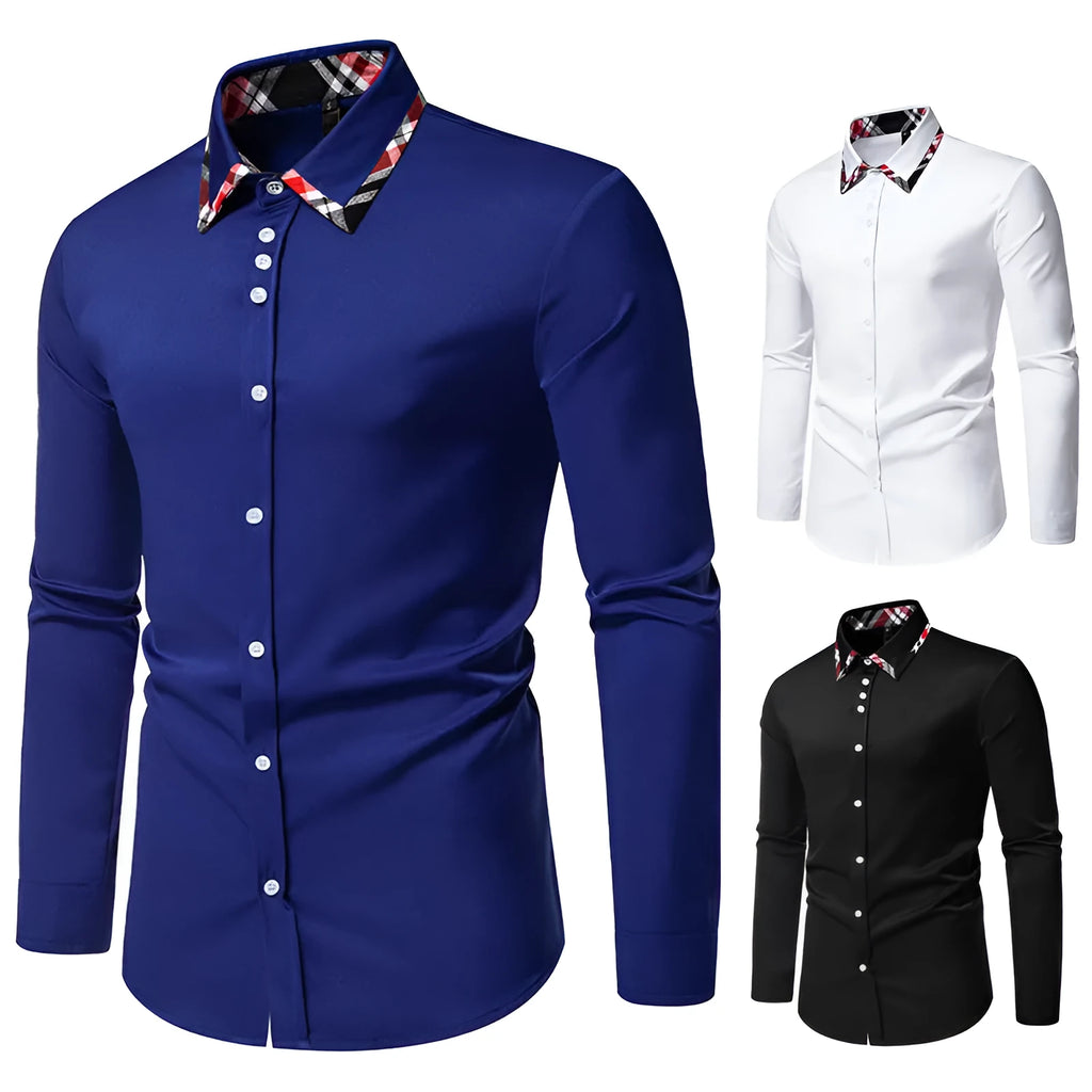 Men's blue plaid shirt with triangle collar and long sleeves