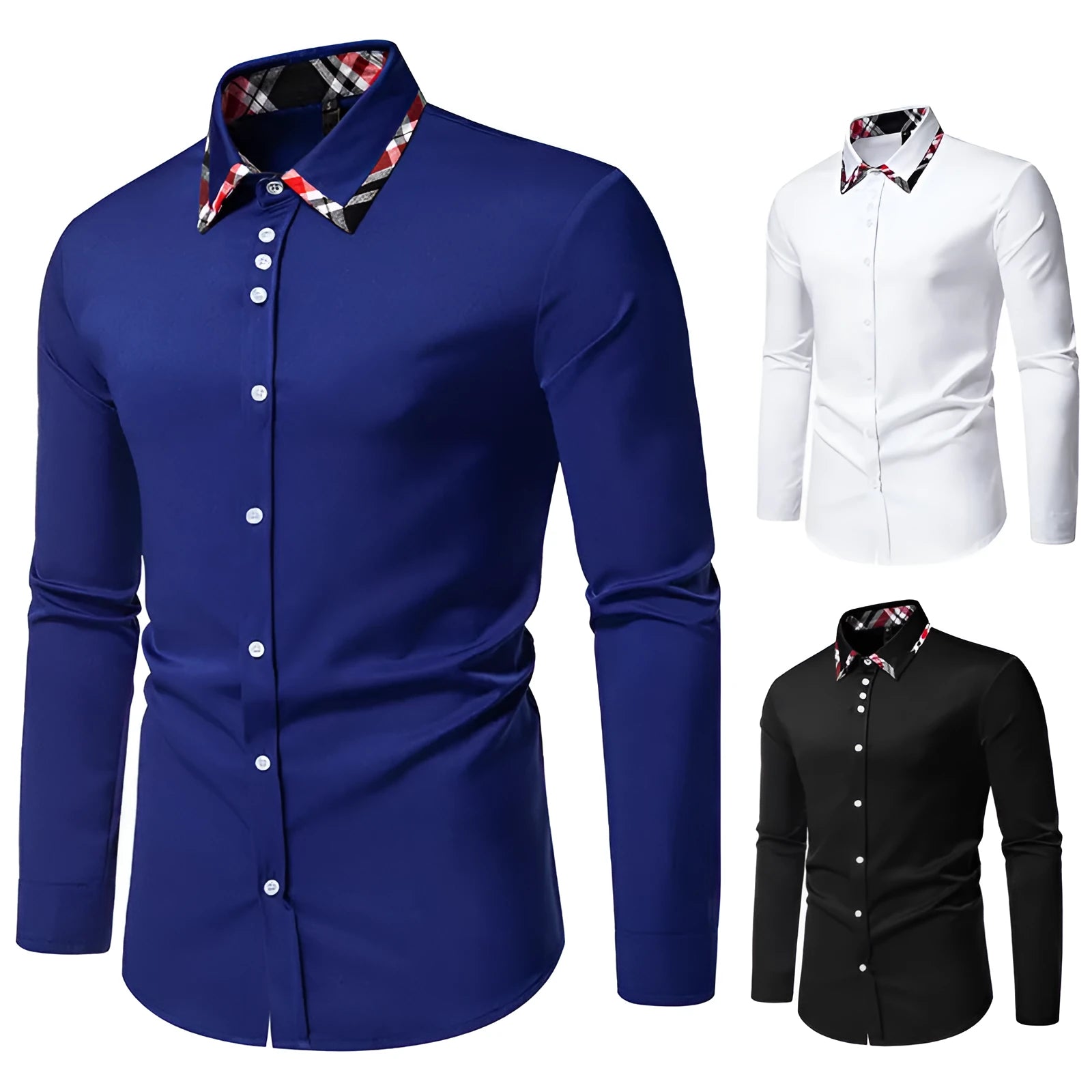 Men's blue plaid shirt with triangle collar and long sleeves
