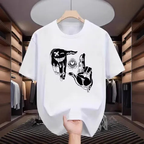 Men's cartoon print short sleeve T-shirt in bird eye cloth showing digital printed pattern detail