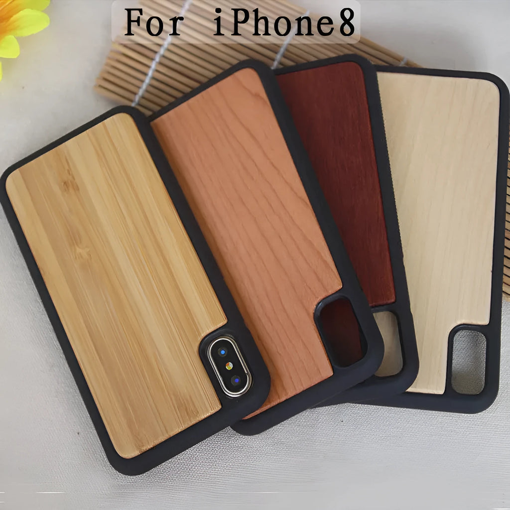 Wooden bamboo and black TPU iPhone case shown fitted on a phone, displaying the natural wood grain back.