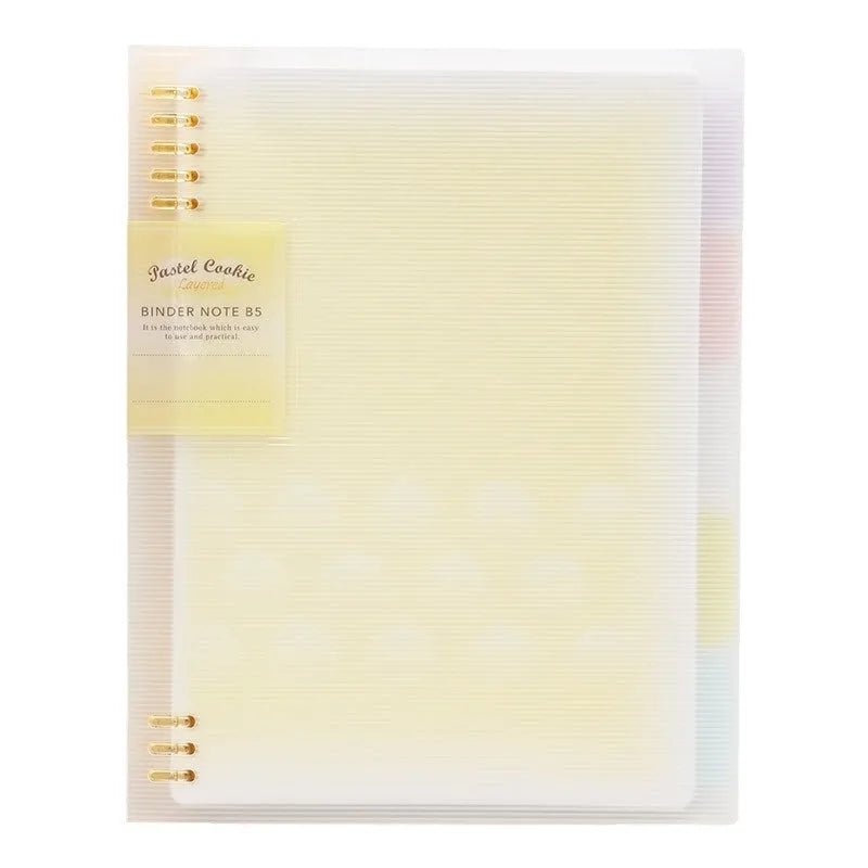 Refillable spiral notebook in pastel blue with loose-leaf paper visible.