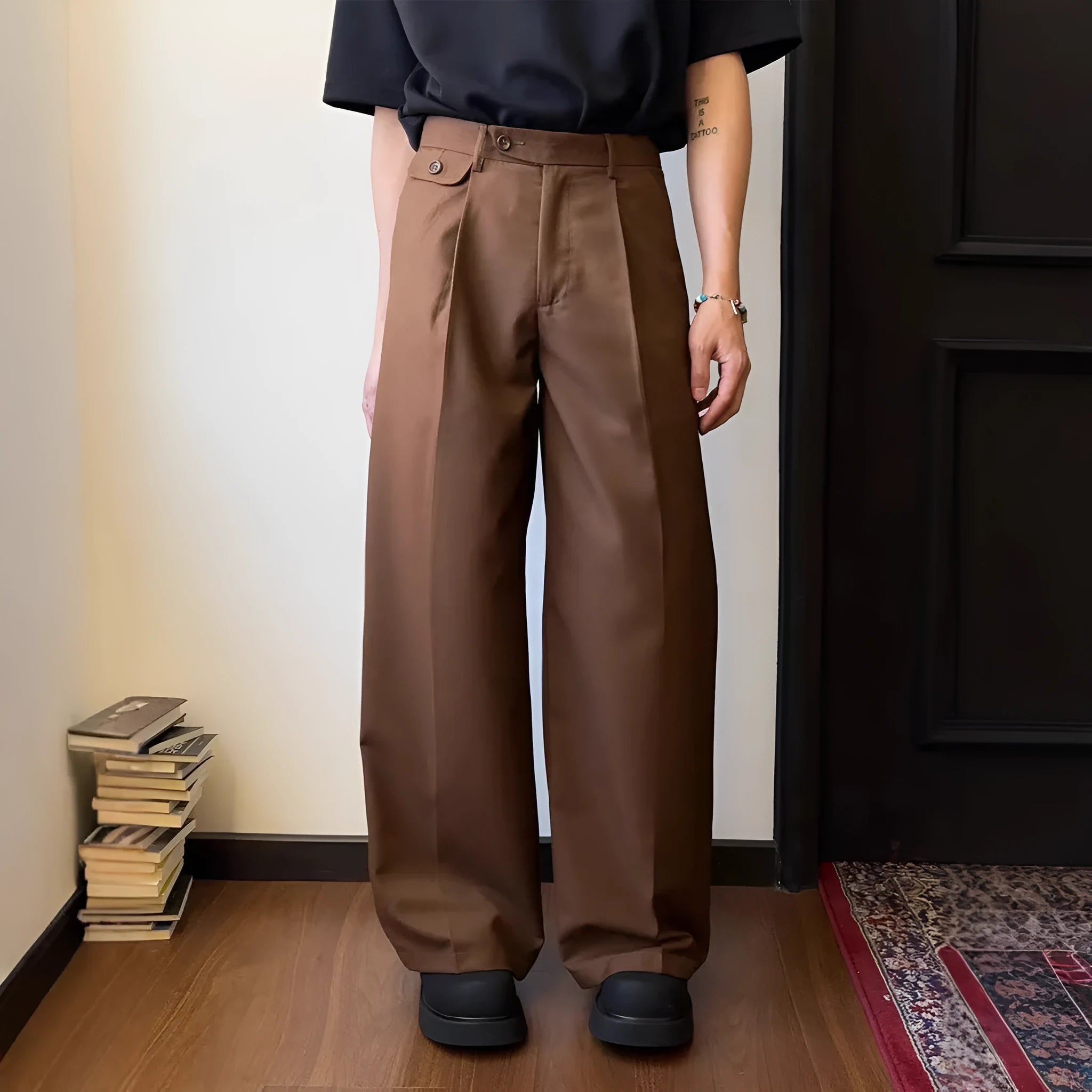 Men's straight-leg loose wide-leg casual suit trousers in black or brown colour.