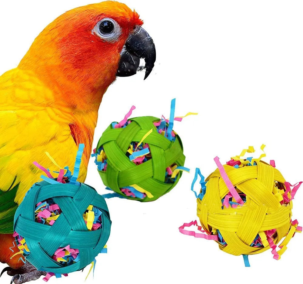 Three natural bamboo woven foraging toy balls 6cm diameter for small pets and birds