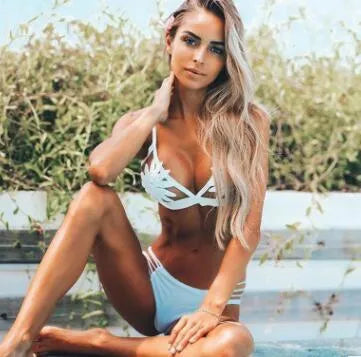 Women's solid colour knit stitching bikini swimsuit set in black with high-waist bottom