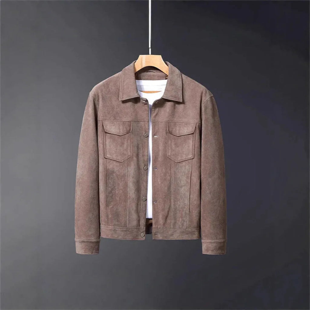 Men's suede winter lapel work jacket with 3D patch pocket, loose fit, brown apricot or grey, sizes S-XXL