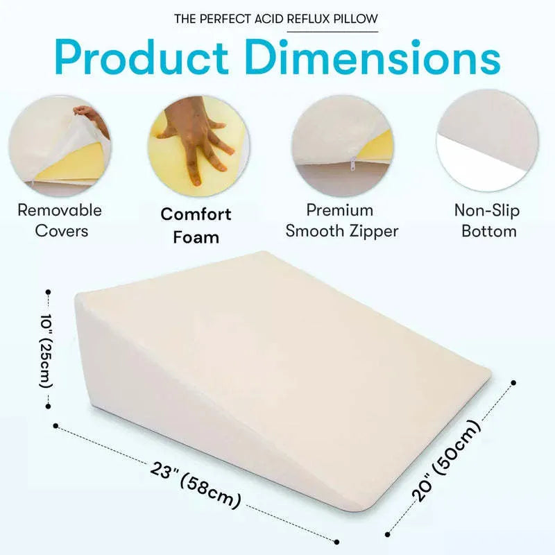 White triangle memory foam wedge cushion measuring 40x20x20cm on a neutral background
